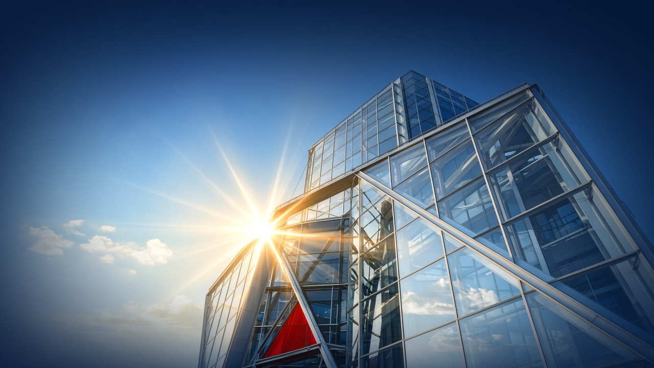 Sunlight bursting through a modern glass building against a clear sky
